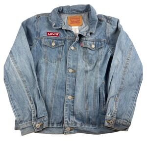 Levis Kids Light Wash Denim Trucker Jacket Chenille Logo Patch Blue Size L 12-13